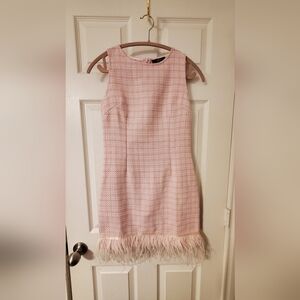 Pink Tweed Mini Dress with Feather Hem